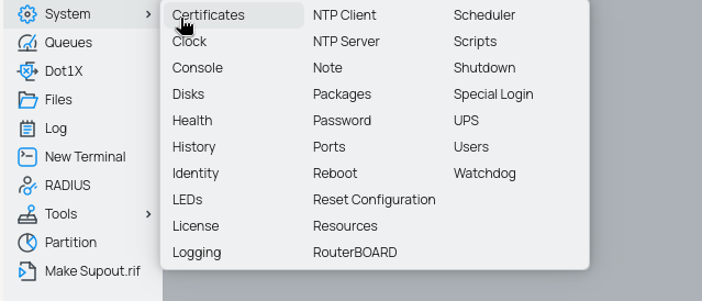 Path to certificates management system on Mikrotik Winbox software.