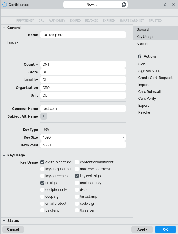 Certificate authority example filled in values