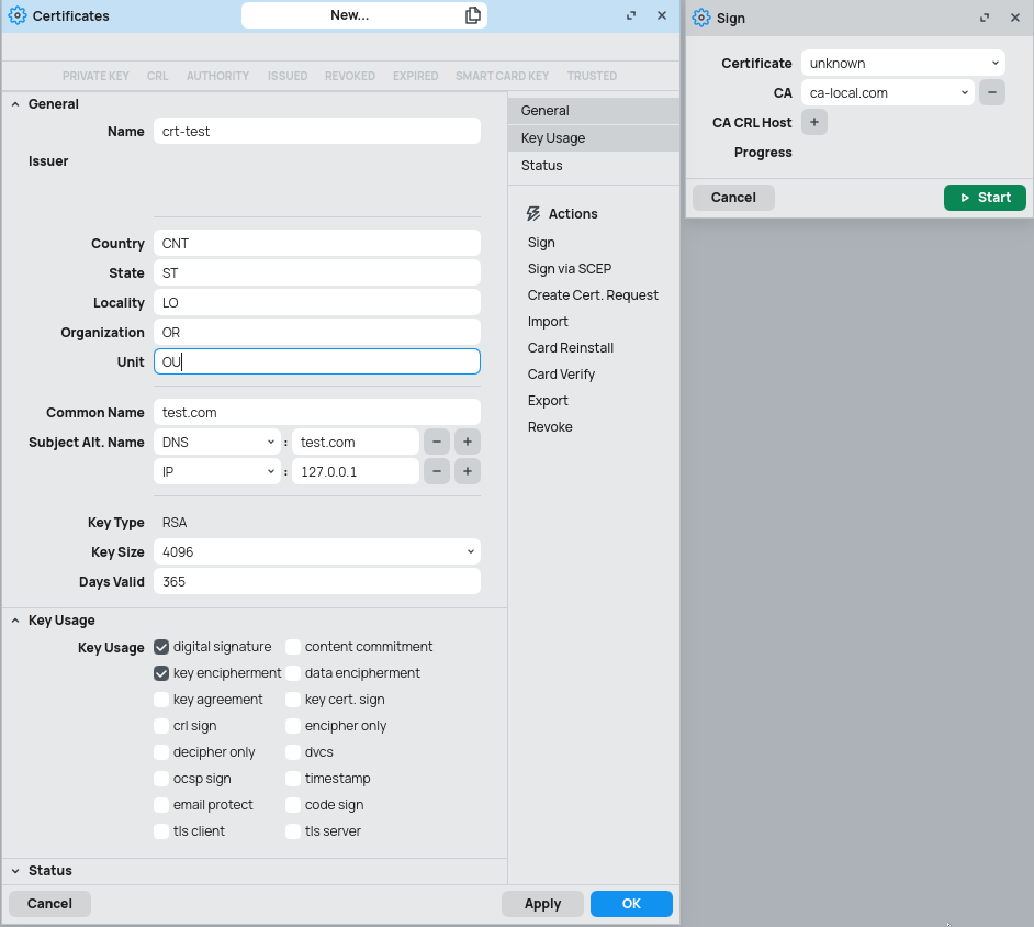 Creation of certificate with example values and sign window next to it with the option to choose CA.