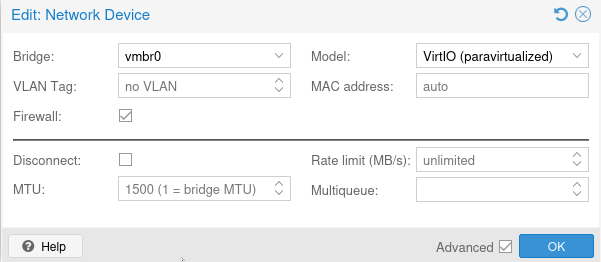 Settings for network device of a virtual machine containing ticked check box for firewall to be active.