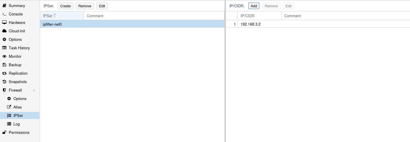 IPSet defined for VM which contains one specific set with corresponding IP address on web ui of proxmox ve.