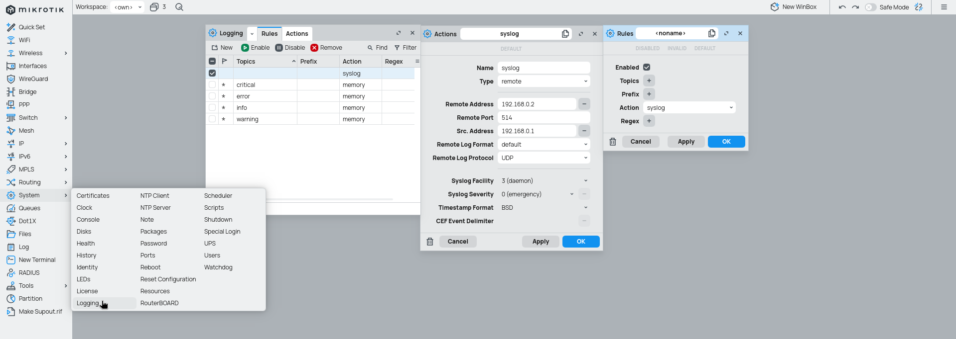 Mikrotik configuration of system logging with actions, location in the winbox menu, remote action and rule.
