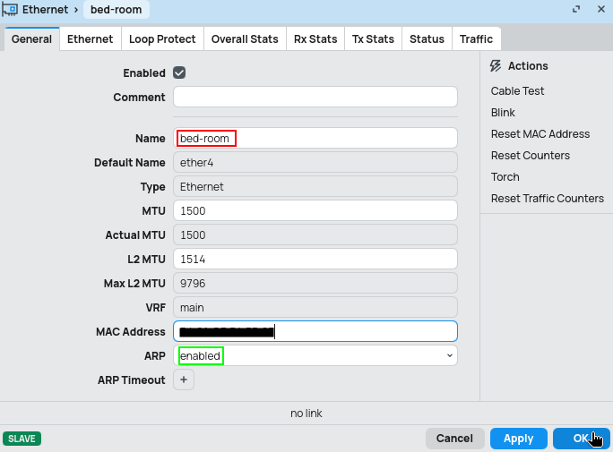 Ethernet configuration with name set to bed-room and ARP set to enabled, because this interface uses DHCP server with an IP Pool.