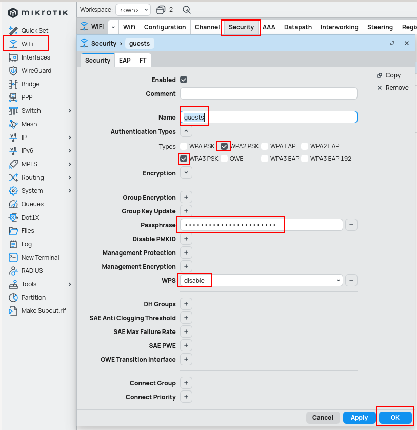 Security profile with set name to guests, authentication types to wpa2-psk and wpa3-psk, prefilled passphrase and wps set to disabled.