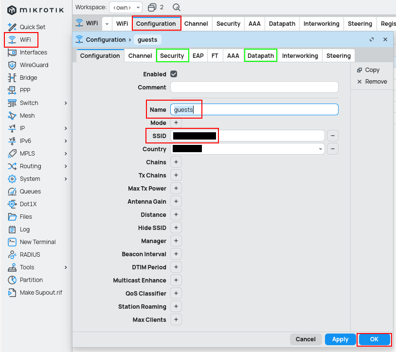 Configuration profile with set WiFi SSID, country and name. Also note that other settings are under security and under datapath. For detailed information see above CLI code on how to set this up.