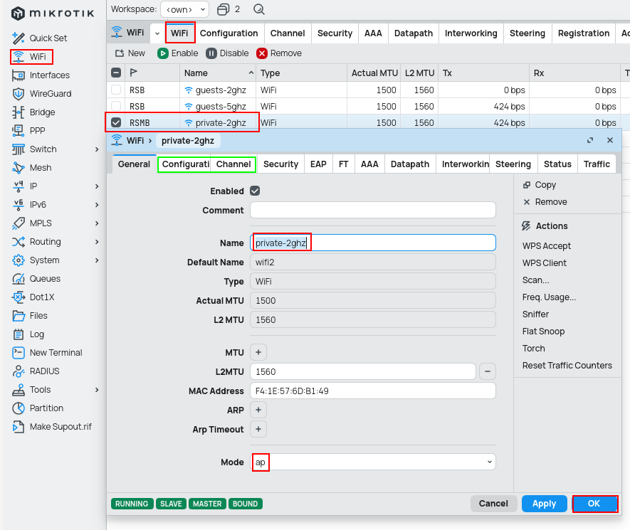 General configuration holding only mode - selected AP - and name of the interface.