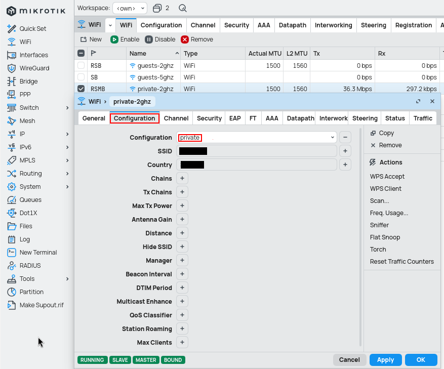 Configuration tab holding only chosen preconfigured configuration profile.