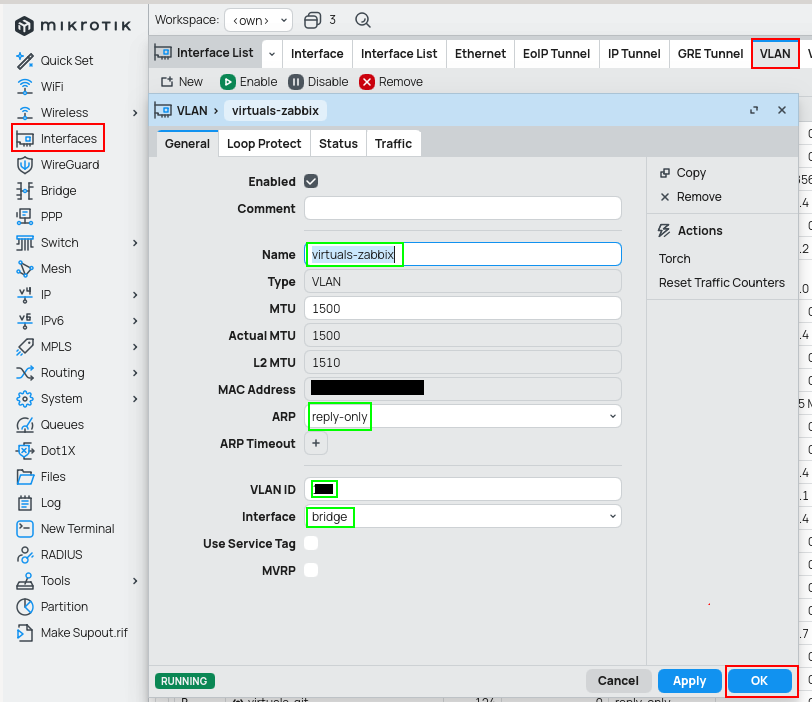 VLAN interface configuration with name set to virtuals-zabbix, arp to reply only indicating usage of static ip address assigned through DHCP server, VLAN ID - blurred for privacy and interface being set to bridge.