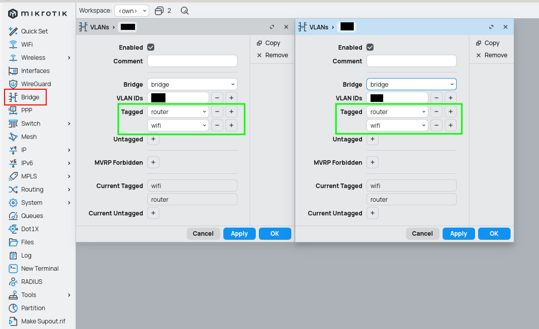 Switch VLAN configuration in bridge settings