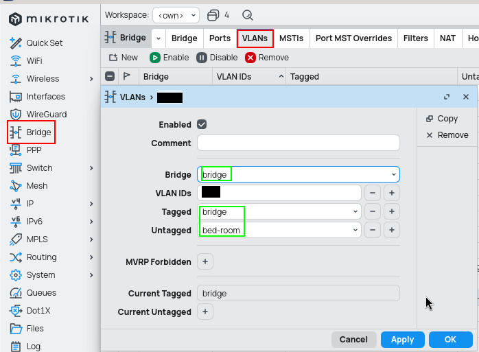 VLAN setting configuration under bridge settings.