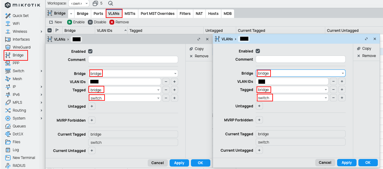Trunk port VLANs configuration. Example with two different VLANs.