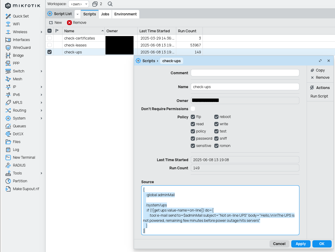 Script configuration for check-ups