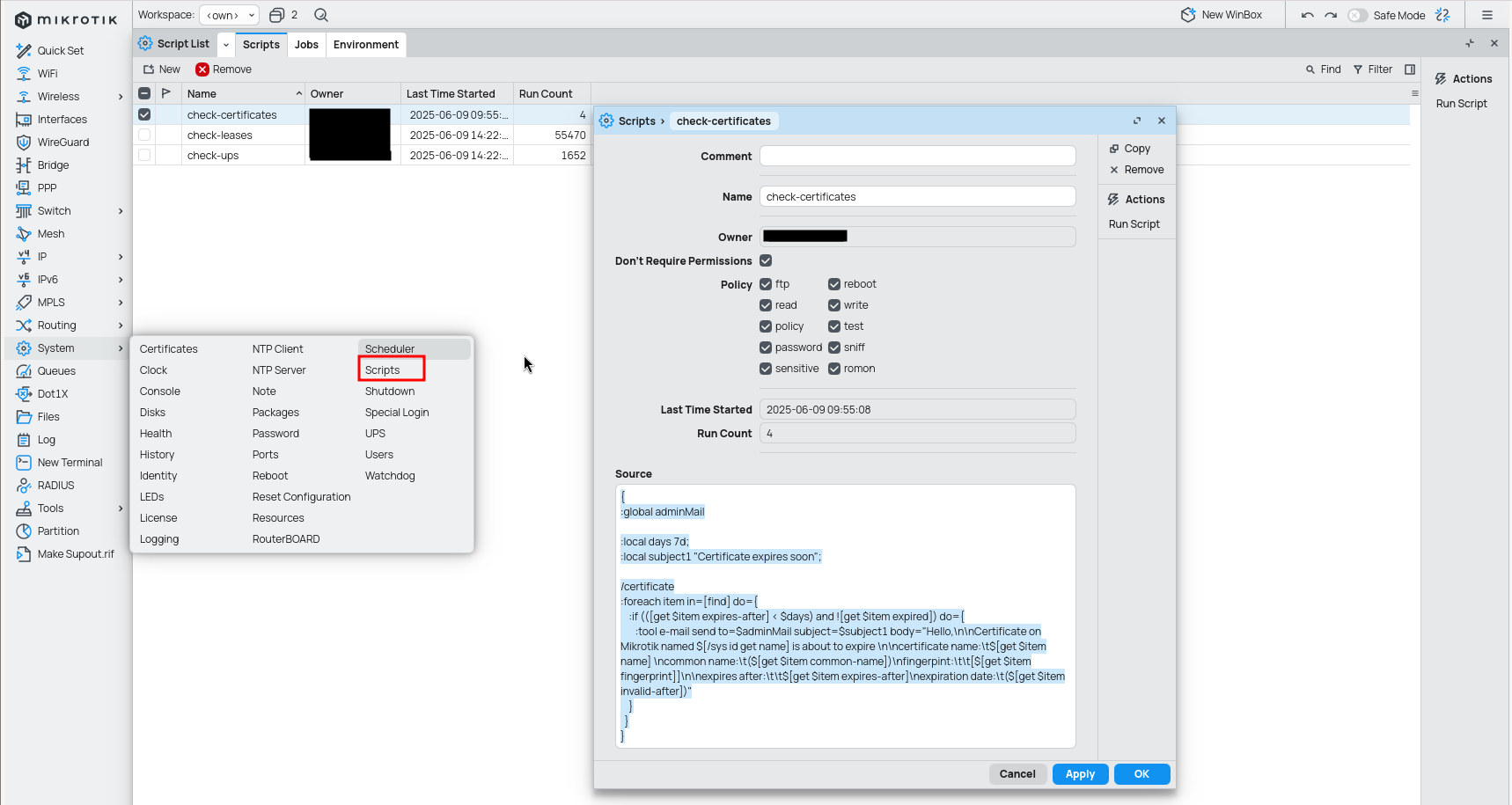 script configuration with name <code>check-certificates</code> and script described above