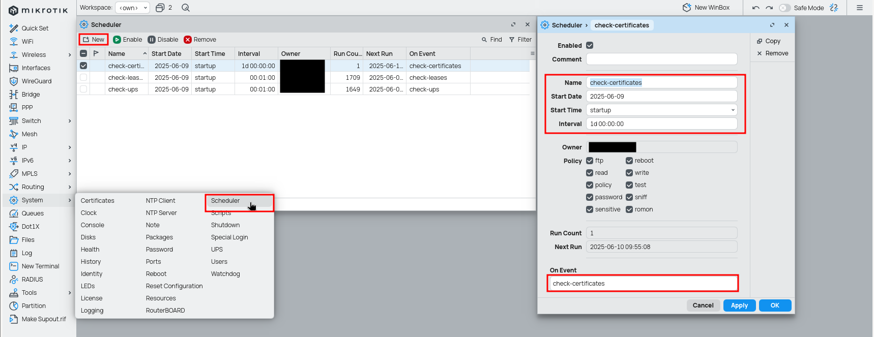schedule configuration to run the script every 24 hours
