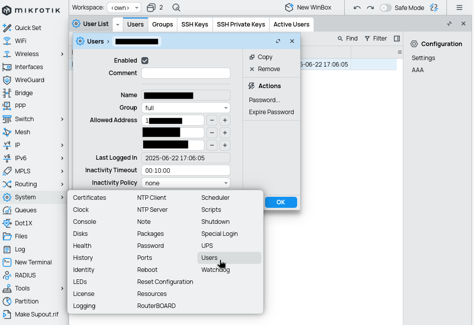 Example user with blurred IP addresses and where to find it in winbox gui interface.