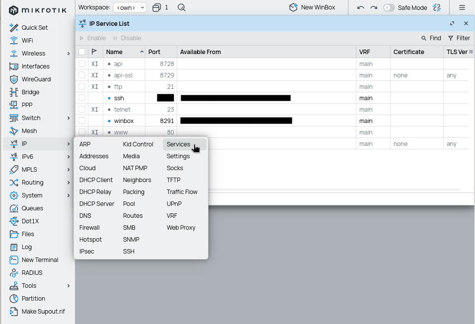 List of disabled IP services from winbox gui routeros.