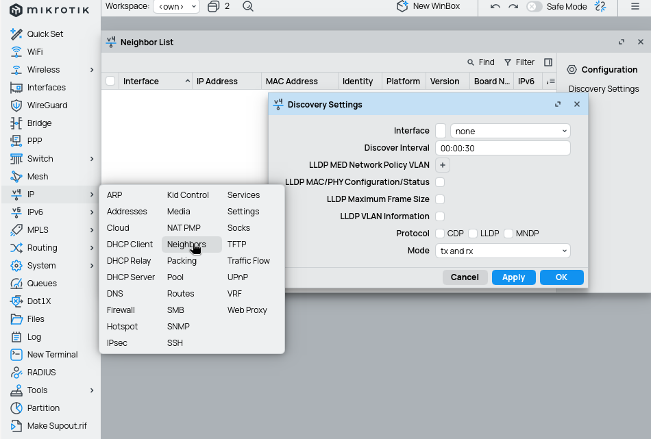 List of disabled protocols / services for neighbor discovery, with everything "unchecked" and leaving interface to none just in case.
