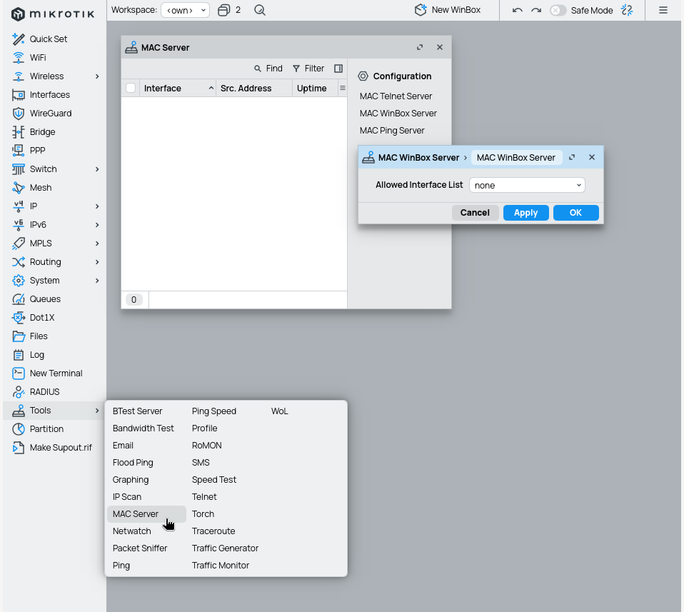 Example of defining MAC server winbox to be disabled and set to only <code>none</code> interface through winbox gui in routeros.