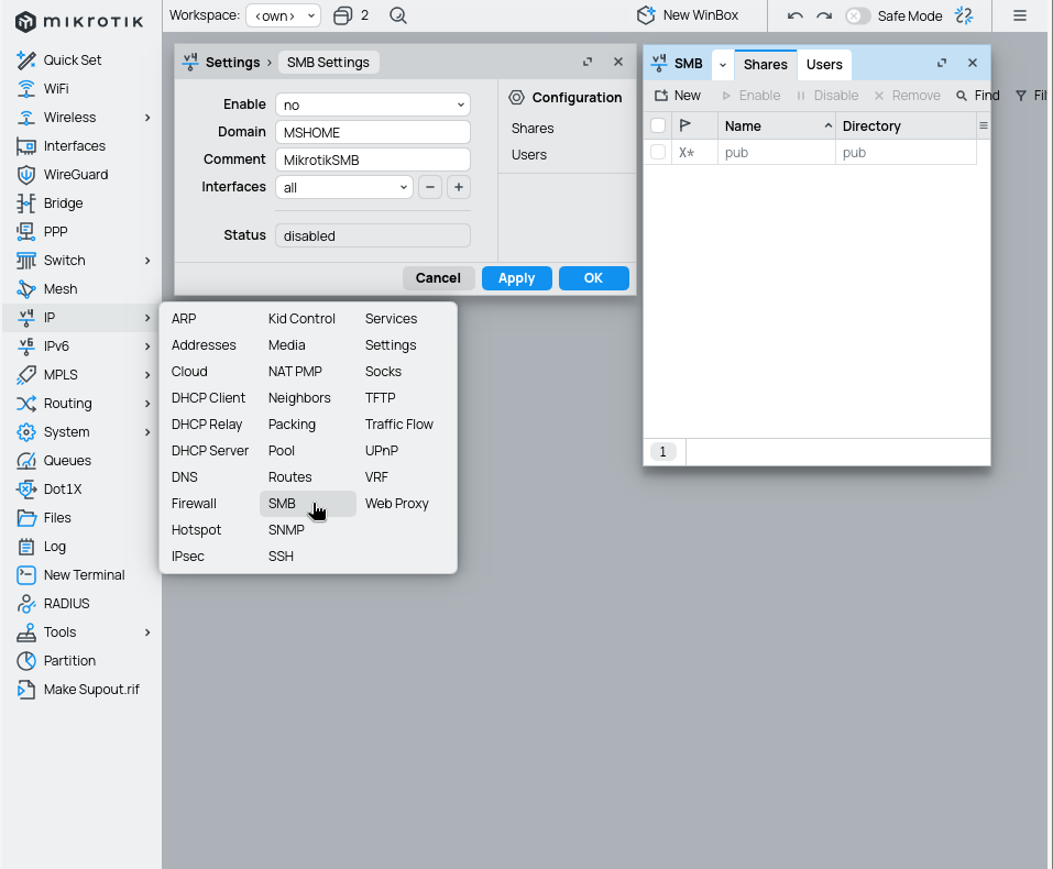 Samba settings all to disabled.