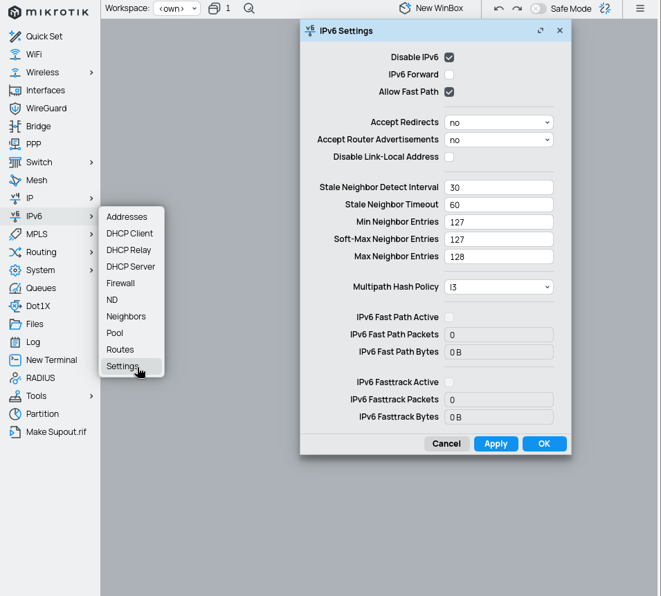 IPv6 settings in winbox interface with disable-ipv6 set to unchecked / false.