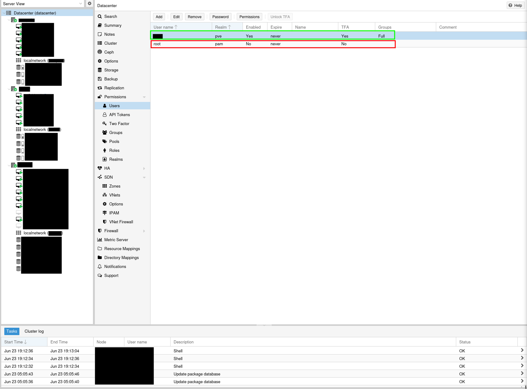 First user from realm PVE with group set to full holding all the privileges assignable by the internal roles management and second user from realm pam in disabled state.