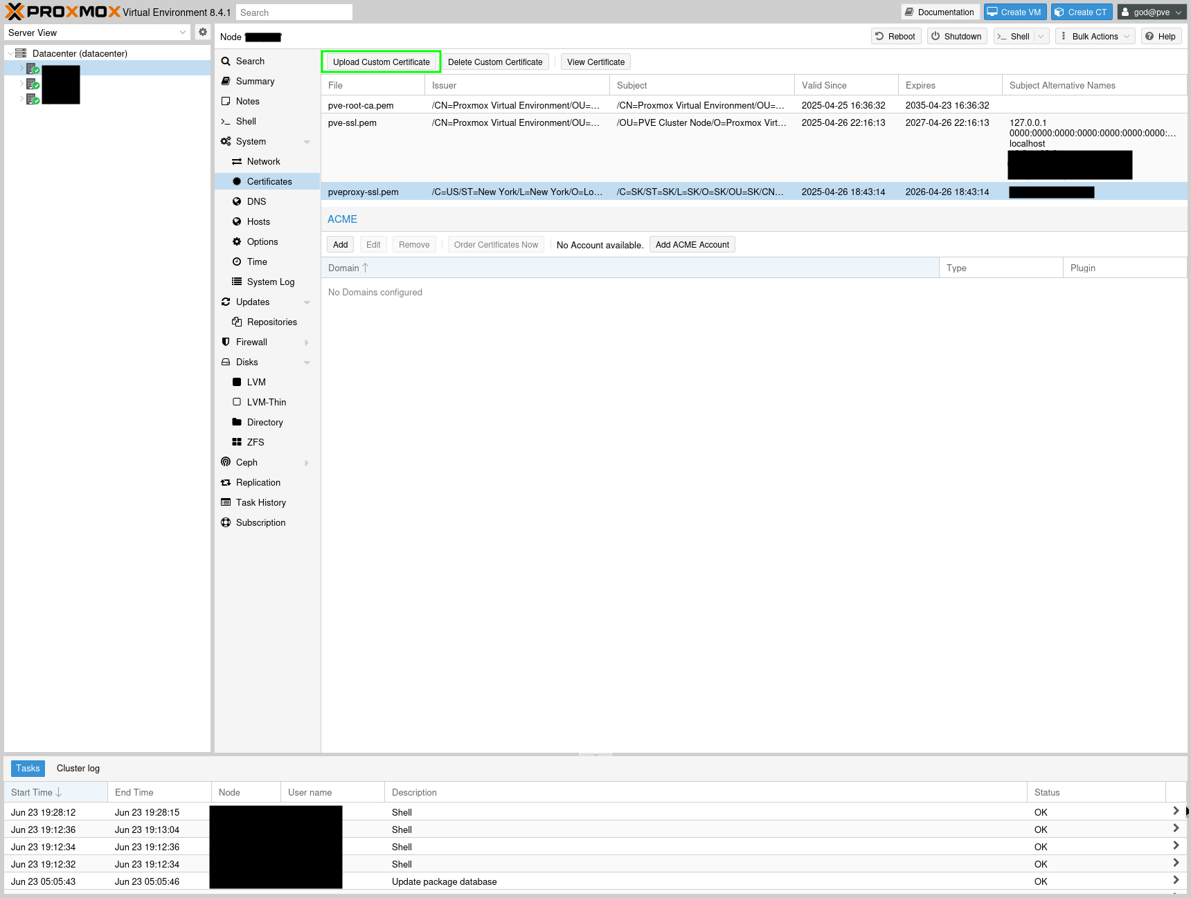 Custom certificate with button highlighted where to click if you want to upload one to your node too.
